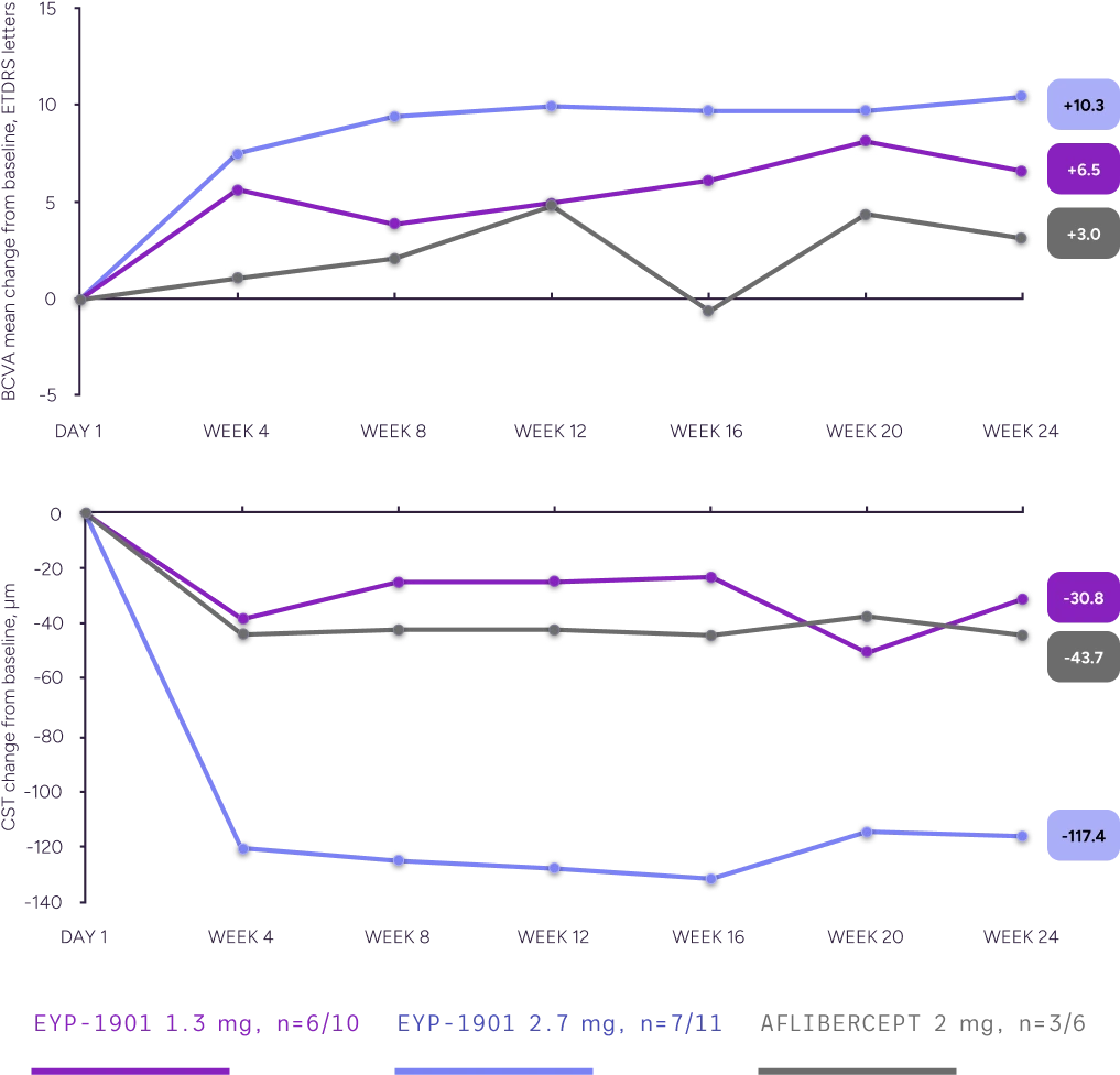 Line graph showing change in best-corrected visual acuity from baseline through week 24 in the supplement-free subgroup, with sustained visual acuity improvements observed across EYP-1901 dose groups and aflibercept.